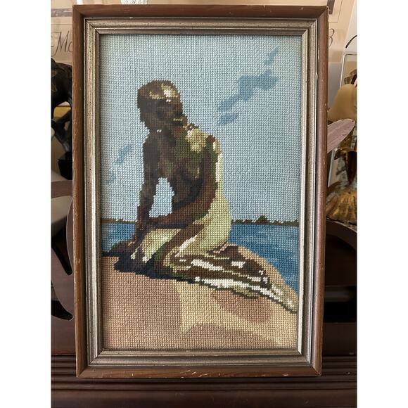 Vintage framed cross-stitch embroidery  of a little mermaid blue brown 16x10.5” - Picture 1 of 9